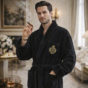 Luxury Black Men’s Cotton Robe with Gold Crest Embroidery | Plush 100% Cotton